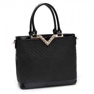 Tote Bag w/ Rhinestone Accent V Cut Top - Black - BG-DH071BK